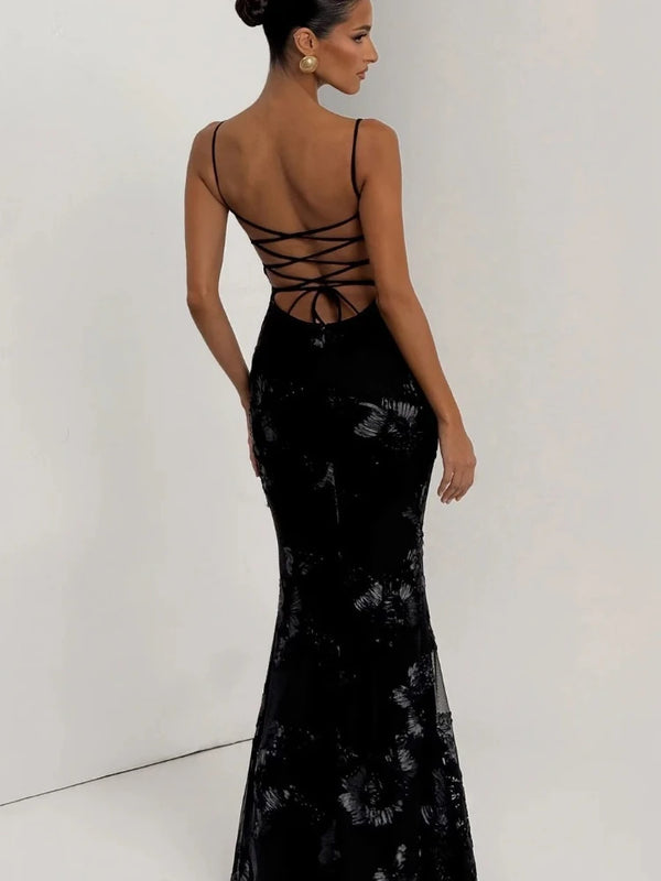 Liliana Floral Appliqué Backless Maxi Dress