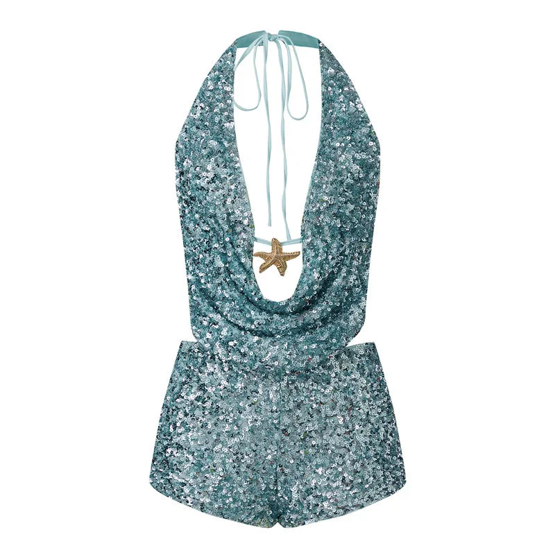Wynonna Sequin Halter Cowl Crop Top & Mini Skirt Set