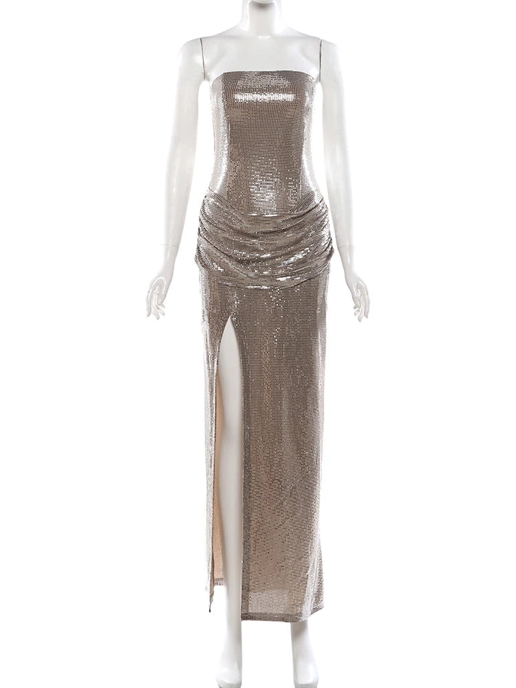 Theodosia Strapless Sequin Ruched Slit Maxi Gown