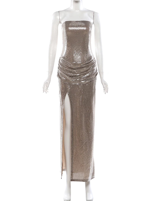 Theodosia Strapless Sequin Ruched Slit Maxi Gown