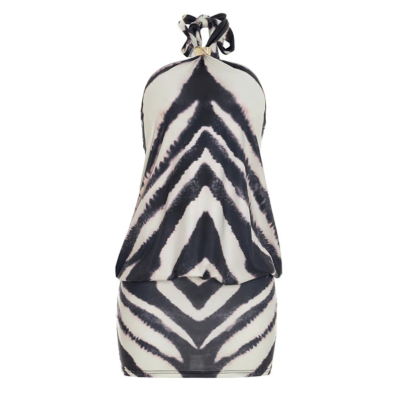 Zephyra Zebra Halter Backless Bodycon Mini Dress