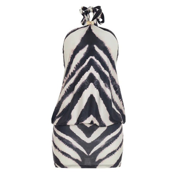 Zephyra Zebra Halter Backless Bodycon Mini Dress