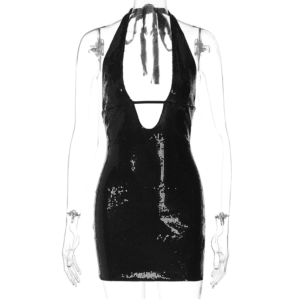 Starlight Sequin Lace-Up Halter Mini Dress