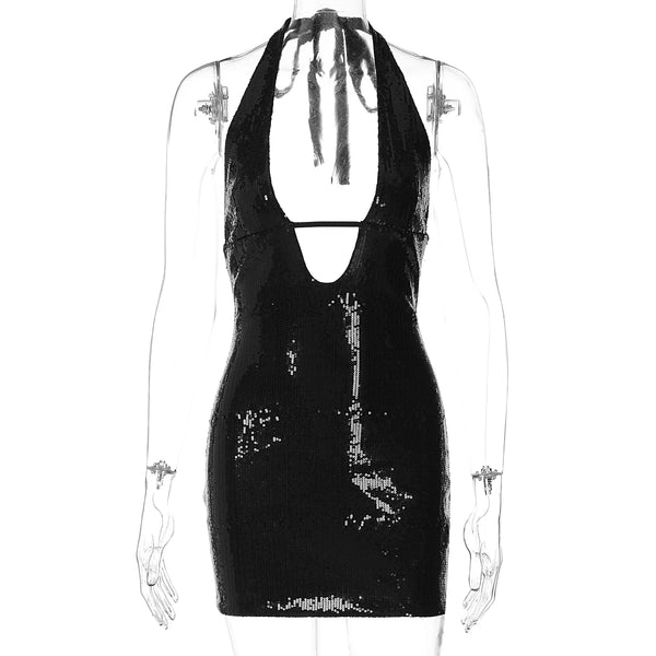 Starlight Sequin Lace-Up Halter Mini Dress