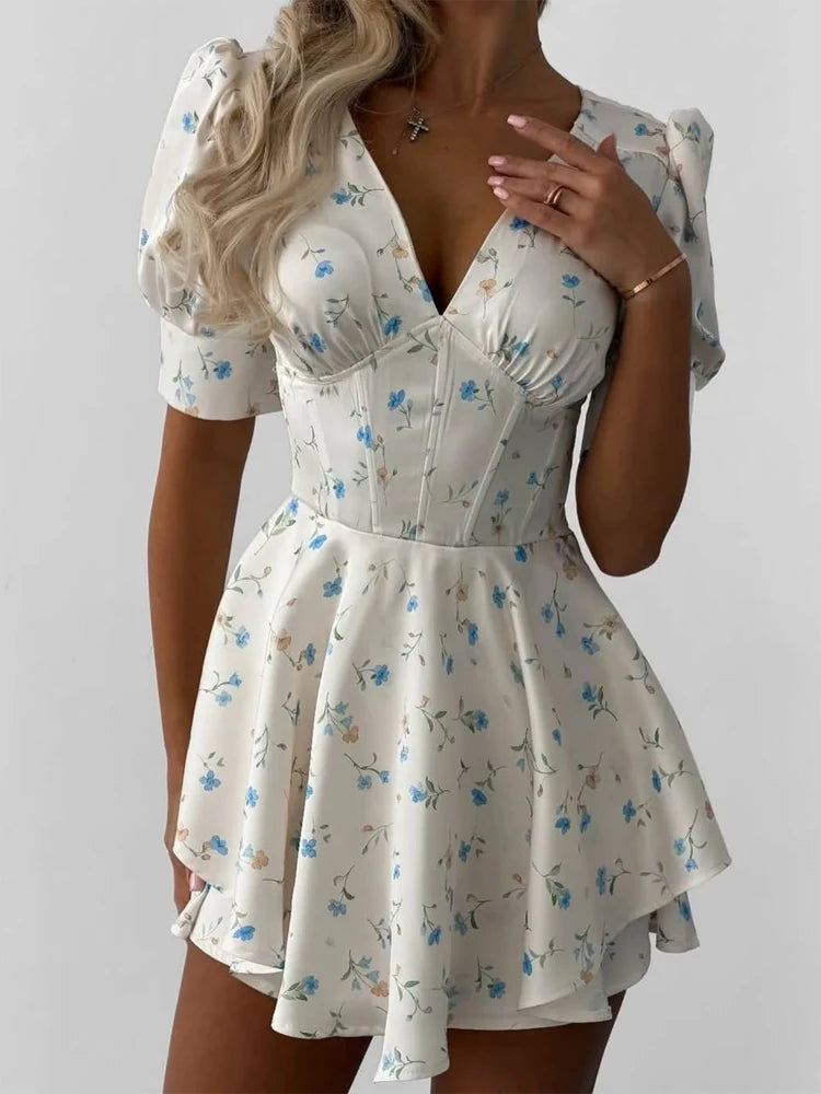 Fleur Printed Satin Puff-Sleeve Mini Dress