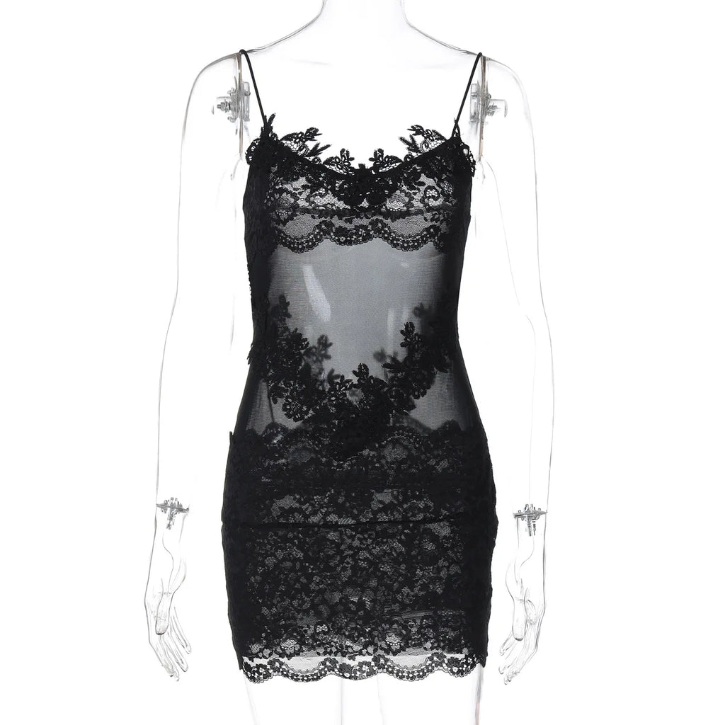 Verbena Sheer Lace Appliqué Mesh Cami Bodycon Mini Dress