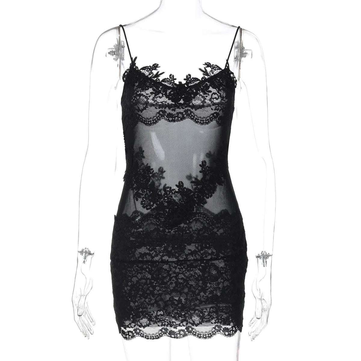 Verbena Sheer Lace Appliqué Mesh Cami Bodycon Mini Dress