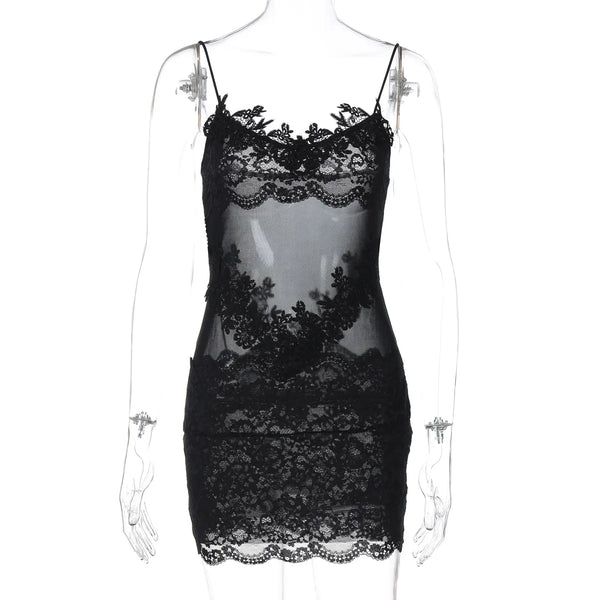 Verbena Sheer Lace Appliqué Mesh Cami Bodycon Mini Dress