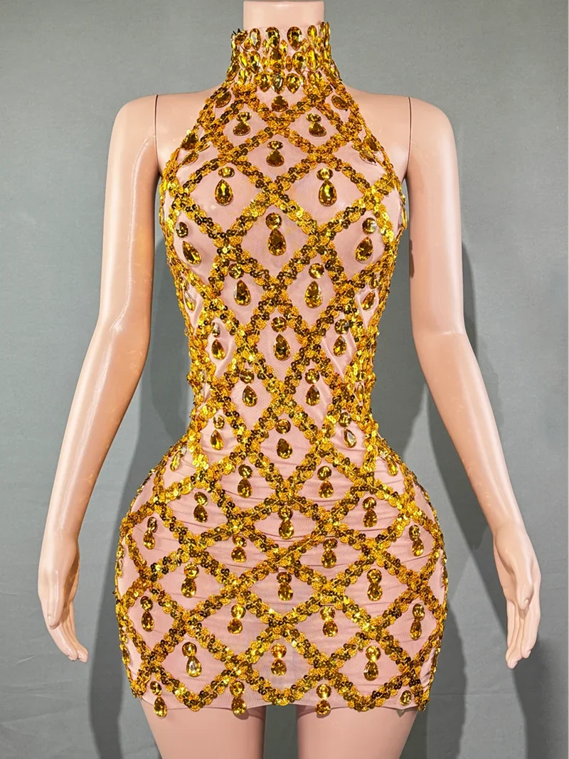 Adara Crystal Sequin Sheer Performance Mini Dress