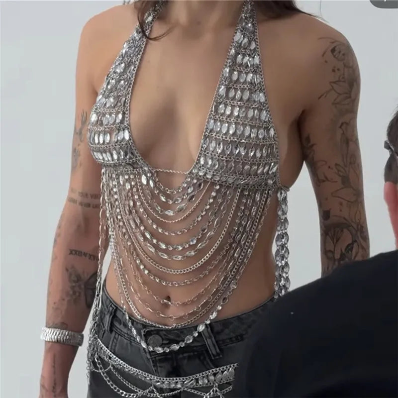 Women Rhinestone Halter Body Top Deep V Open Back Multi Layer Fringe Tassel Crystal Chain Crop Vest Nightclub Rave Jewelry Top Secondary image