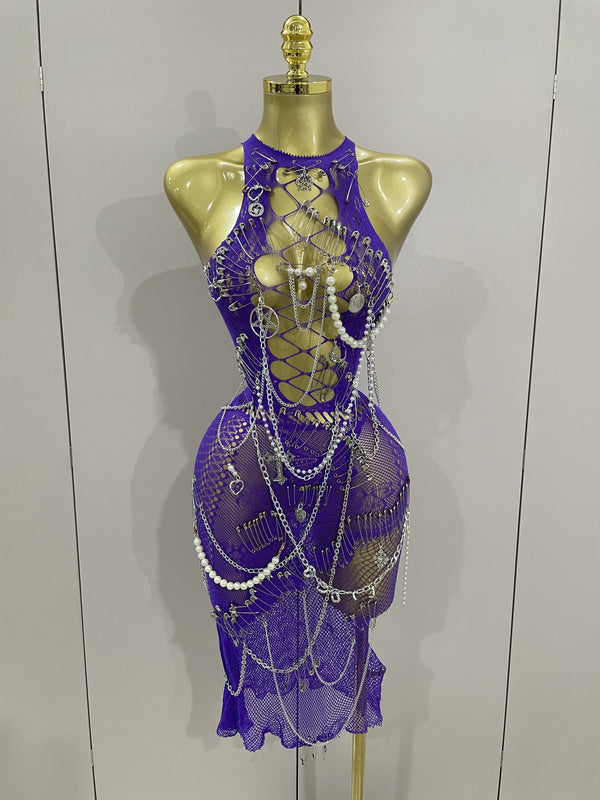 Dahlia Chain-Beaded Sheer Mesh Midi Dress