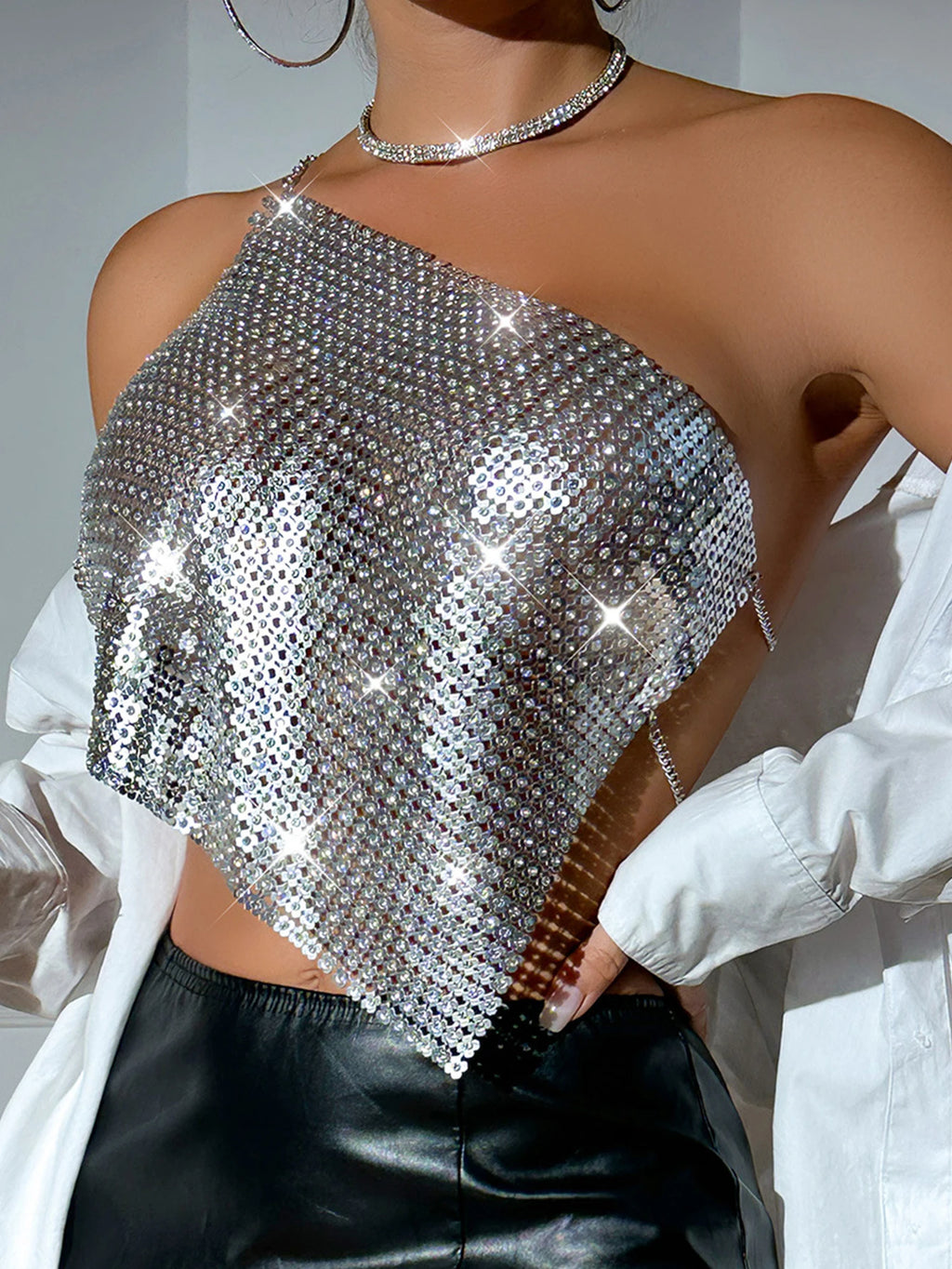 Sexy see through metal rhinestone crop top women summer body halter tank top cropped hotwife nightclub party tops woman outfits