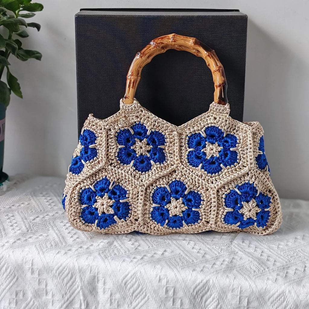 Wilhelmina Handmade Crochet Granny Square Tote Bag with Bamboo Handle