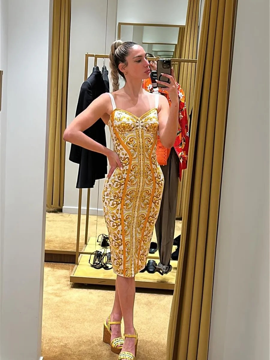 Valencia Baroque-Print Bodycon Midi Dress