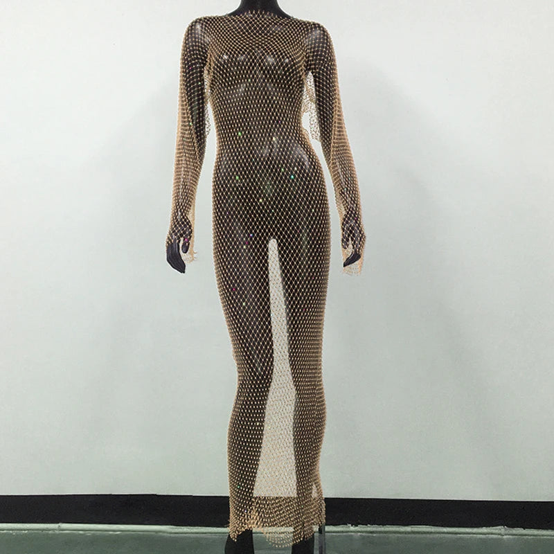 Celestine Rhinestone Fishnet Long-Sleeve Beach Cover-Up One-piece