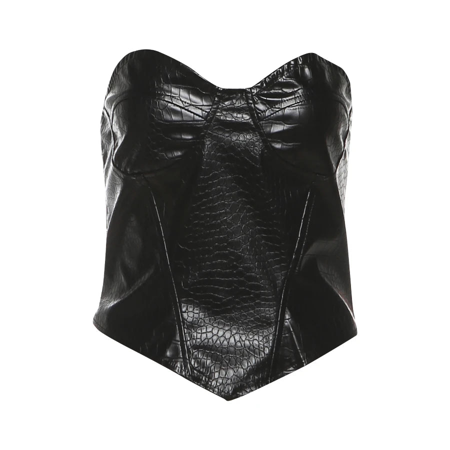 Kliou PU Leather Tank Tops Woman Sexy Chest Wrap Off Shoulder Backless Shape Waist Look Slimmer Hot Girls Street Fashion Vest