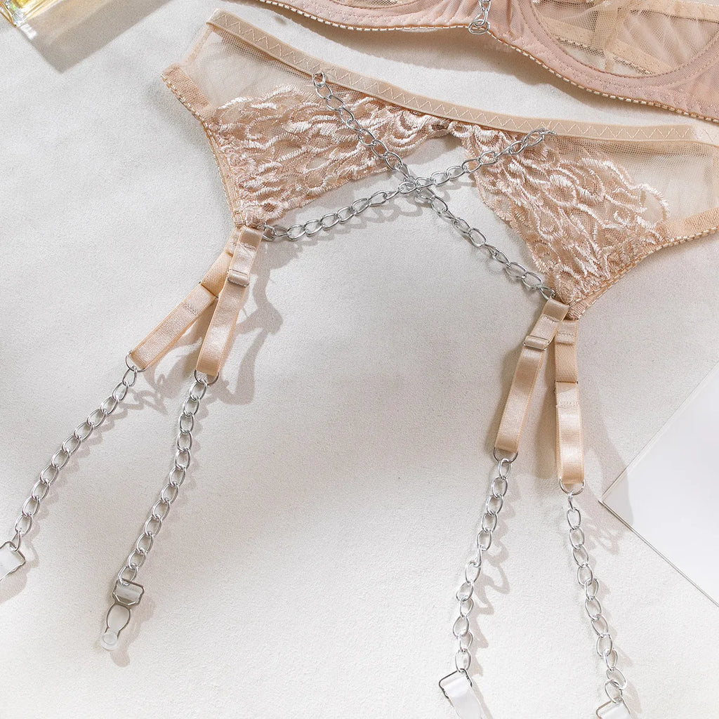 Oriane Floral Embroidered Chain-Trim Garter Lingerie Set