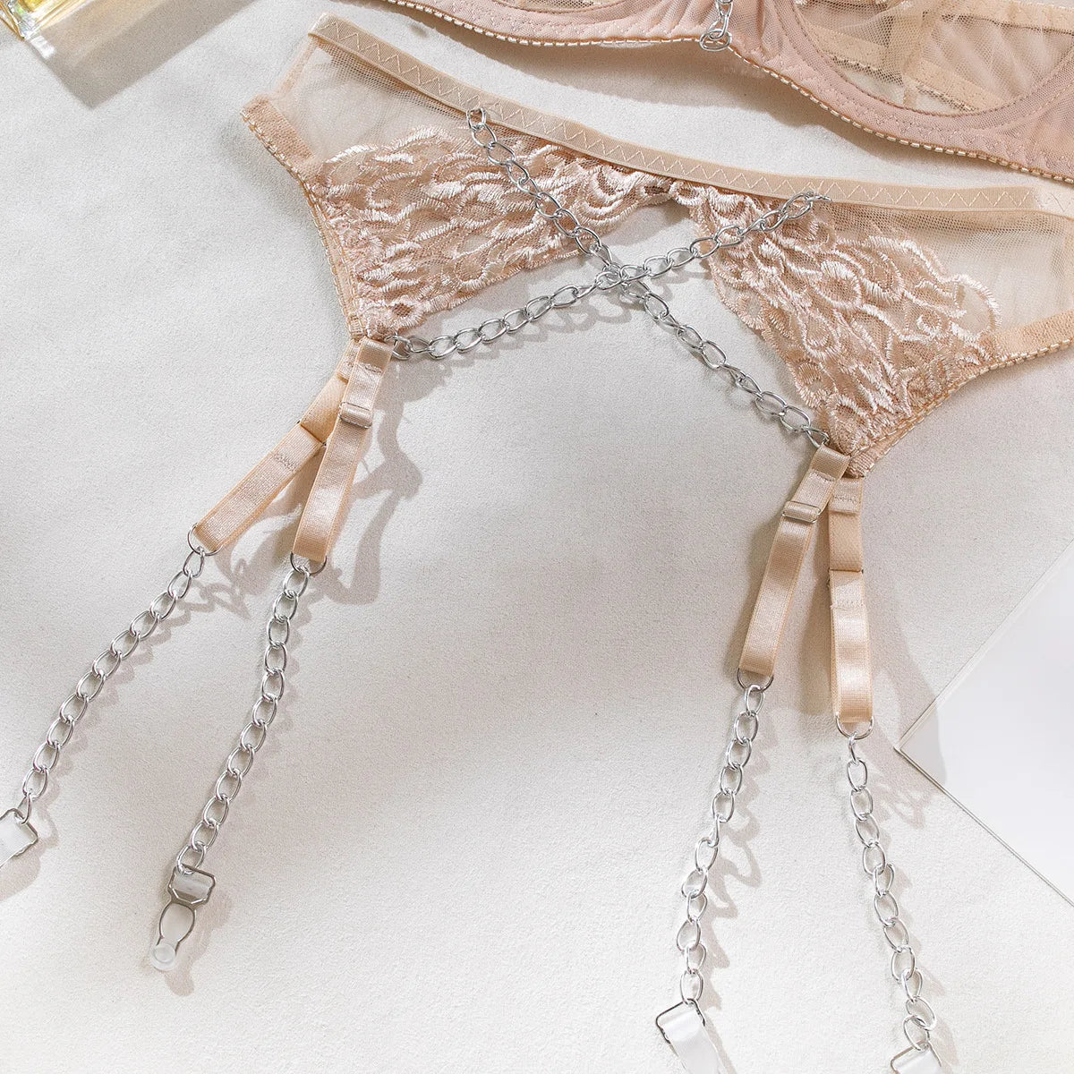 Oriane Floral Embroidered Chain-Trim Garter Lingerie Set