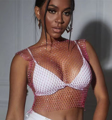 Leqoel Sexy Mesh Crop Tops for Women 2022 Summer Rhinestones Fashion Party See Through Fishnet Tank Hollow Out Backless Top New