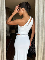 Sampic Ruffles Hollow Out Sleeveless Crop Top And Bodycon Maxi Split Skirt Two Piece Dress Y2K Women Summer Beach Outfits