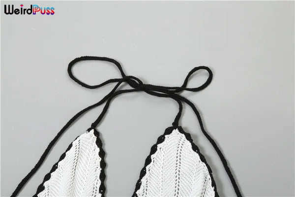 Weird Puss Sexy Elegant Halter Dress Women Summer Backless Lace-Up Color-Block Sleeveless Trendy Nightclub Wild Fashion Clothing