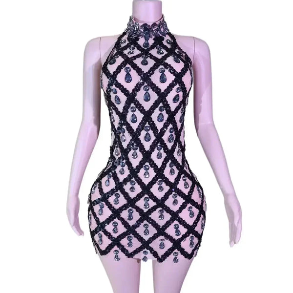 Adara Crystal Sequin Sheer Performance Mini Dress