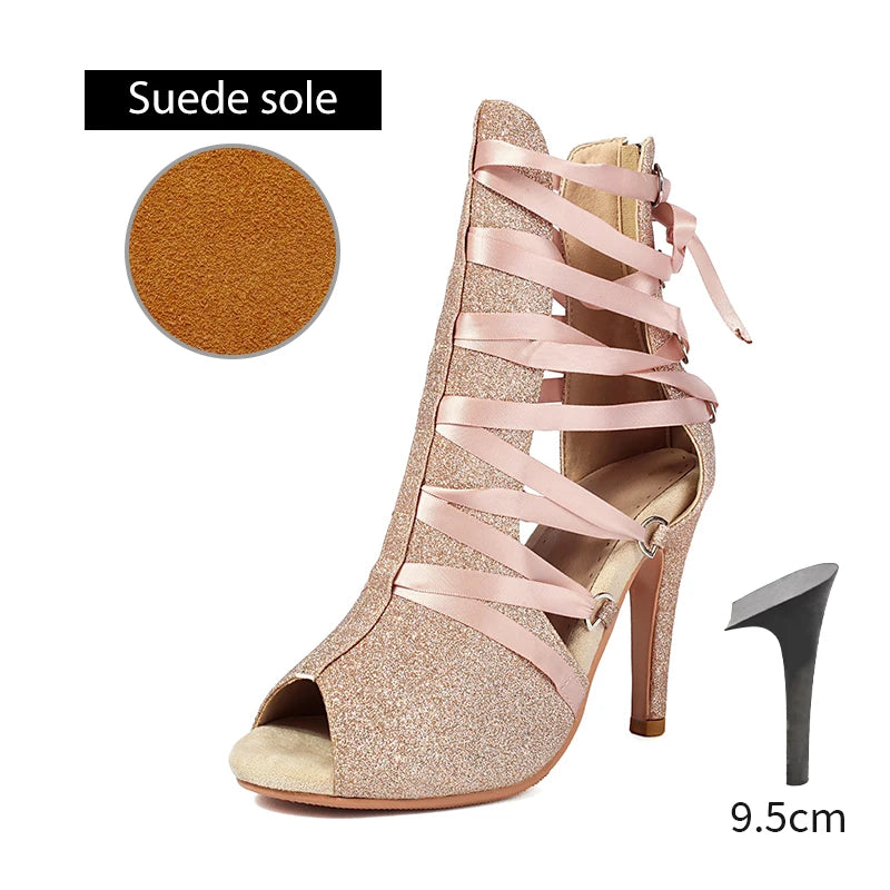 DKZSYIM Women Dance Boots Girls Ladies Jazz Dancing Shoes Thin Heels Glitter Shining Latin Indoor Party Dance Shoes Personalized