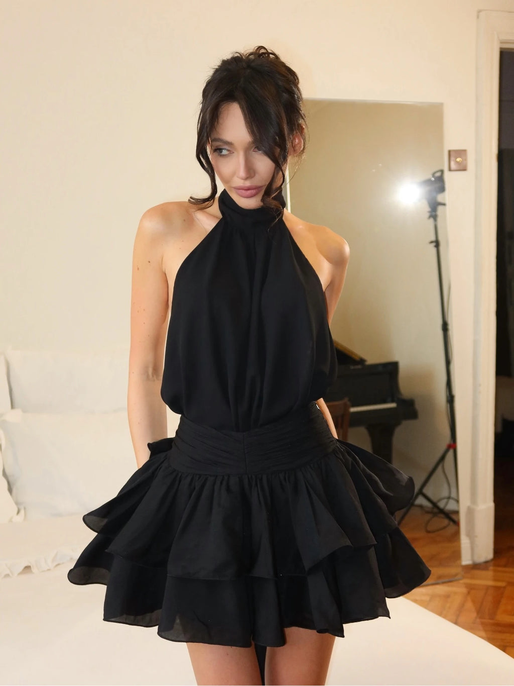 Violetta Chiffon Ruched Halter Mini Dress