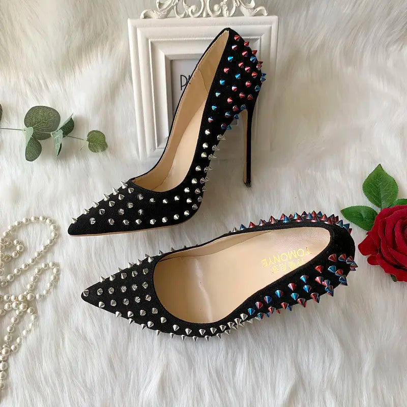 European and American Foreign Trade Women's Shoes Colored Rivets Pointed Women's Thin Heels Sexy High Heels Single Shoes