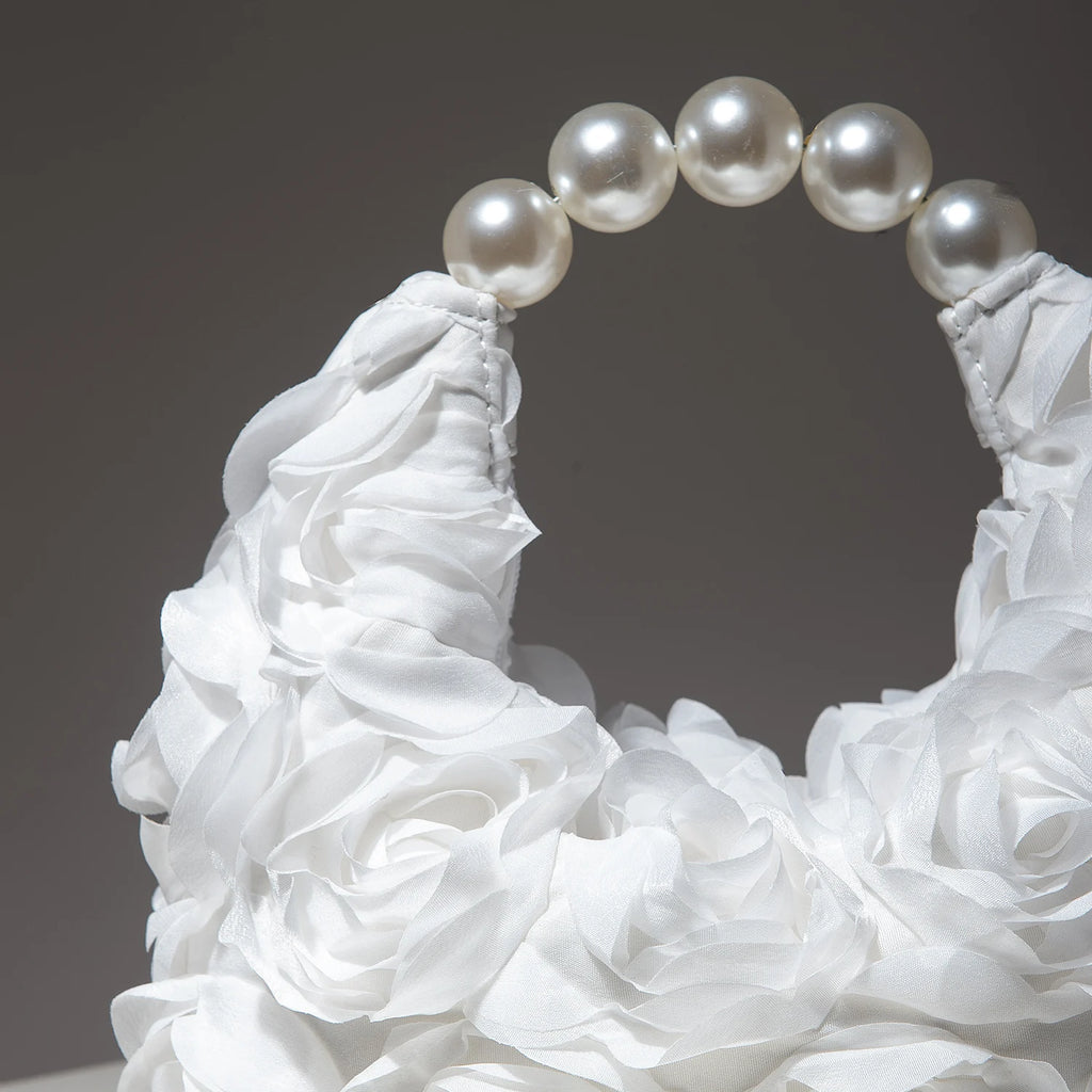 Rosalind Satin Rosette Pearl-Handle Half-Moon Evening Bag