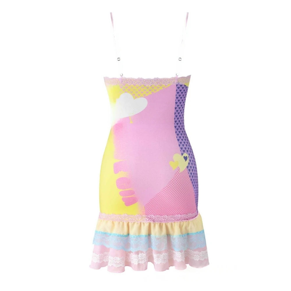 Paola Anime Graphic Lace-Trim Cami Bodycon Mini Dress