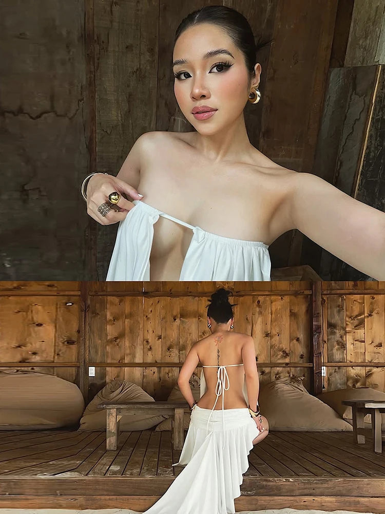 Kliou Sexy Strapless Long Dress Woman Wrap Chest Deep V-Neck Lace-Up Backless Irregular Ruffles Hem Vacation Fashion Vestidos