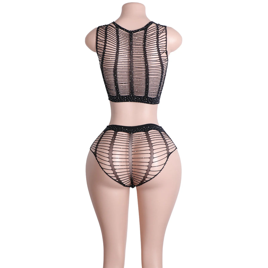 Obsidian Mirage Fishnet Rhinestone Lingerie Two-piece