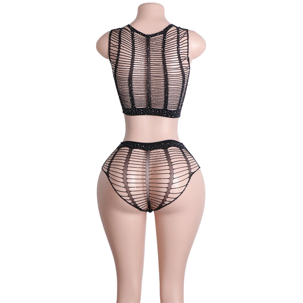 Obsidian Mirage Fishnet Rhinestone Lingerie Two-piece