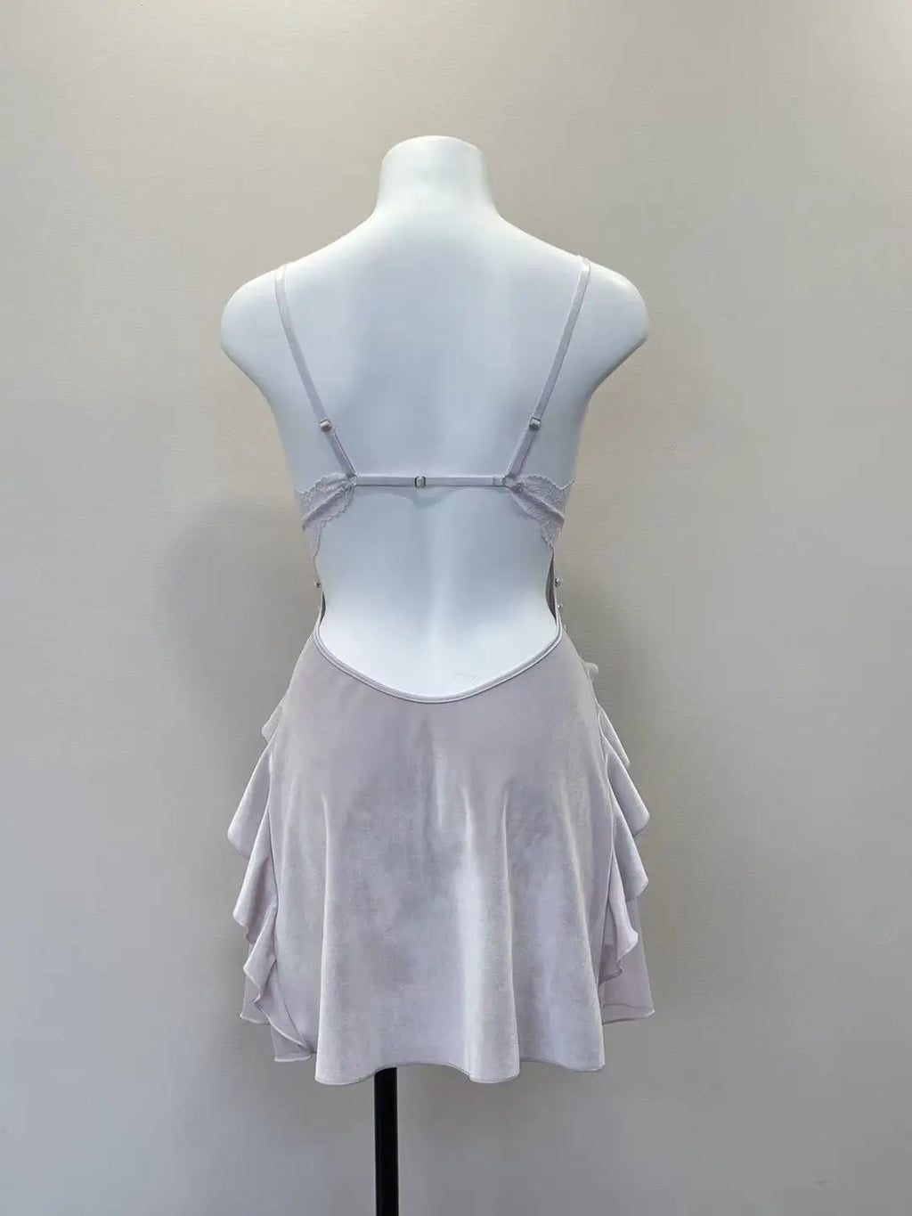 Noelle Lace-Trim Velvet Ruffle Backless Mini Nightgown