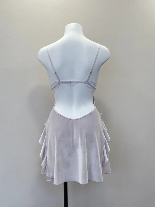 Noelle Lace-Trim Velvet Ruffle Backless Mini Nightgown