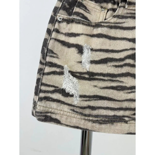 Henrike Zebra Print Distressed Denim A-Line Mini Skirt One-piece