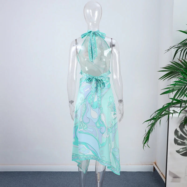 Ermengarde Print Halter Bow Backless Top & Long Skirt Set