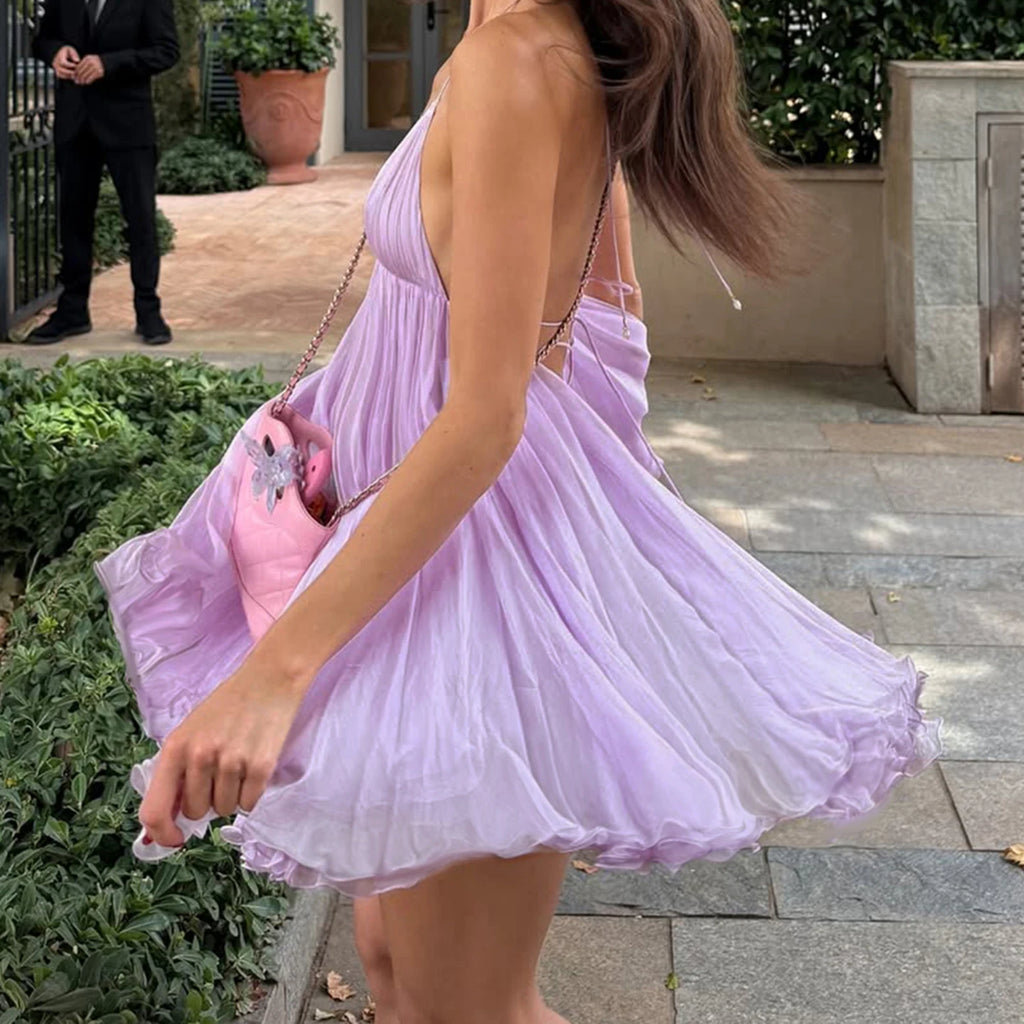 Elysia Purple Chiffon Backless Halter Mini Dress