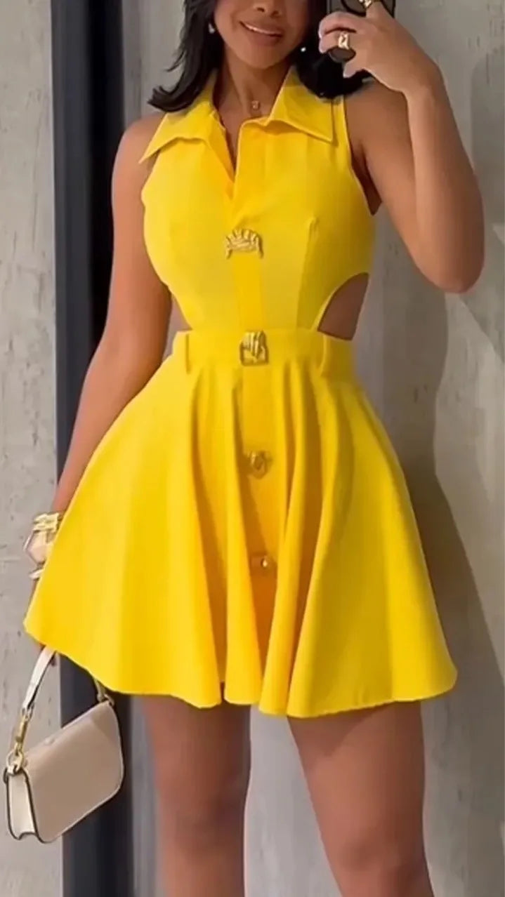 Adelheid Collared Gold-Button Side-Cutout Sleeveless A-Line Mini Dress