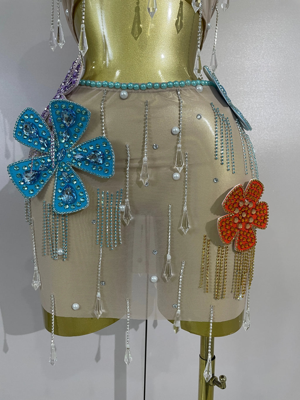 Esmeralda Crystal Fringe Flower Bra Top & Mini Skirt Two-piece