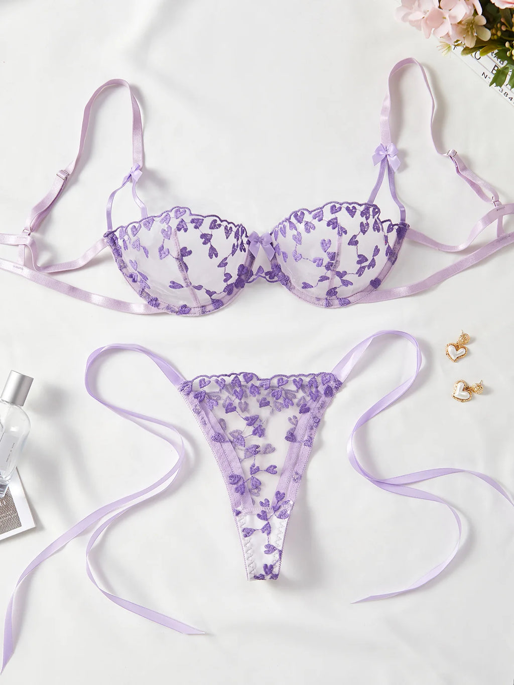 Zelinda Heart Embroidered Sheer Mesh Strappy Underwire Bra & Tie Thong Lingerie Two-piece