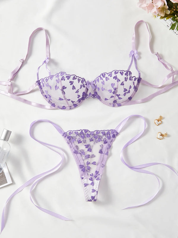 Zelinda Heart Embroidered Sheer Mesh Strappy Underwire Bra & Tie Thong Lingerie Two-piece