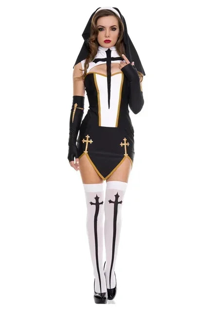 Benedetta Nun Cosplay Costume Set with Headpiece, Gloves & Stockings
