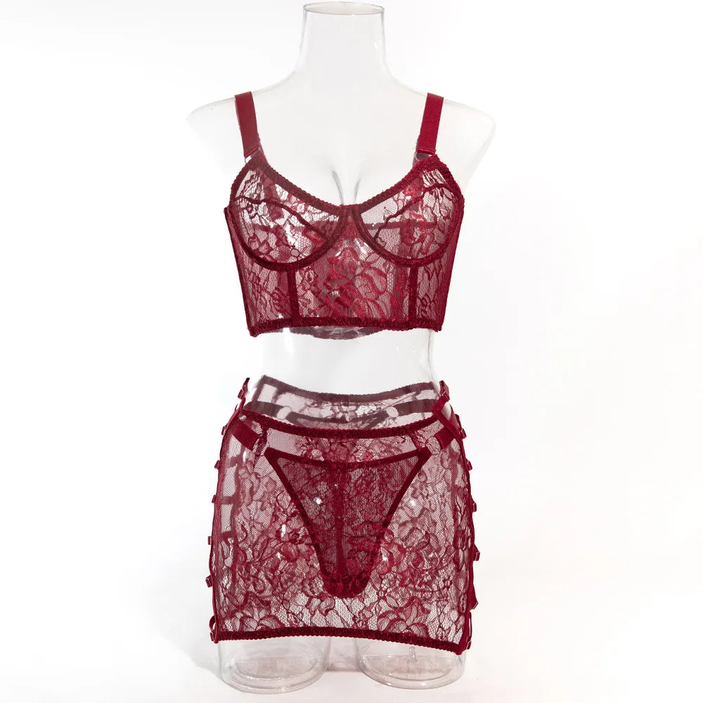 Severine Lace Longline Bra & Buckle-Strap Mini Skirt Lingerie Set