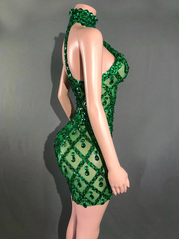 Elettra Rhinestone Sequin Lattice Sheer Mesh Mock-Neck Mini Dress