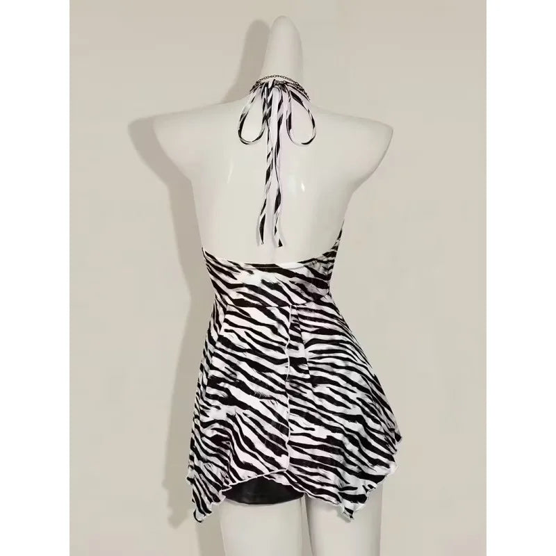 Summer New European American Style Retro Zebra Print Y2K Fashionable Sexy V-neck Hanging Neck Backless Vest Top For Women
