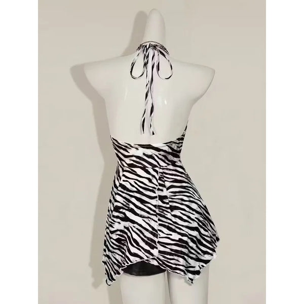 Summer New European American Style Retro Zebra Print Y2K Fashionable Sexy V-neck Hanging Neck Backless Vest Top For Women