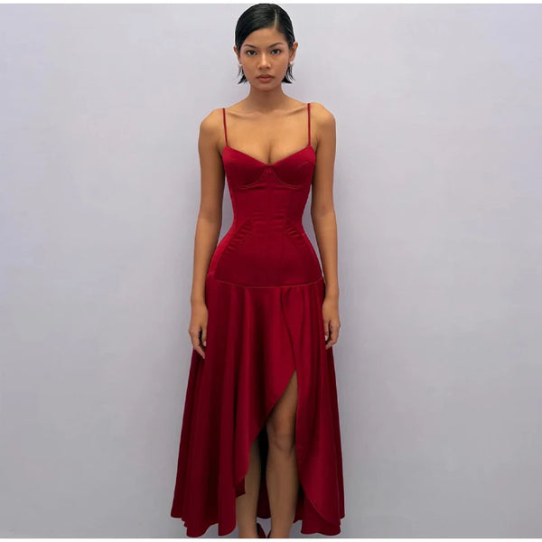 Delphinia Satin Corset Cami Asymmetric Slit Midi Dress
