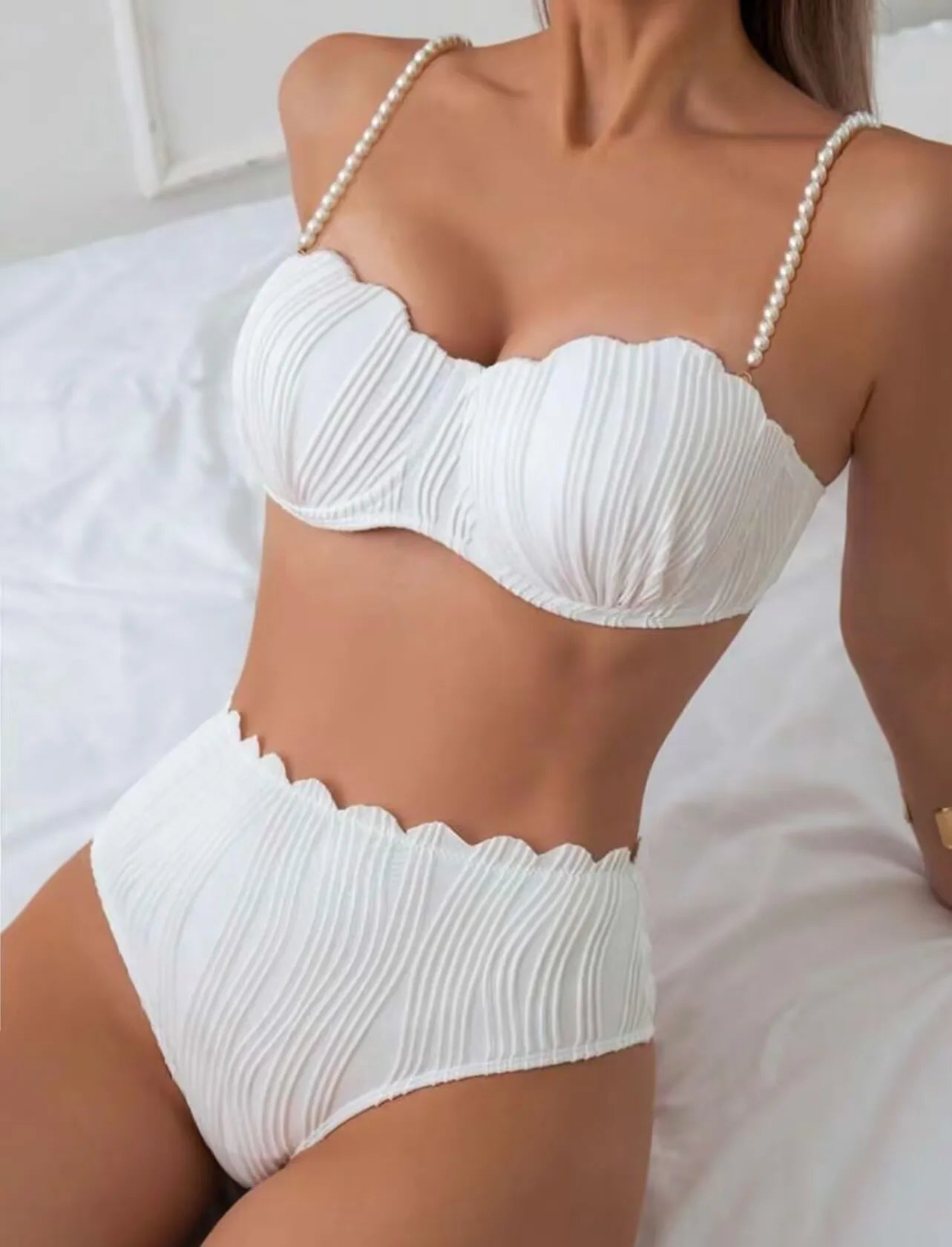 Sexy White Black Bikini Set 2025 Women Pearls Strap Ruffles Push Up High Waist Swimsuit Beach Bathing Suit Two Piece Swimwear Main image
